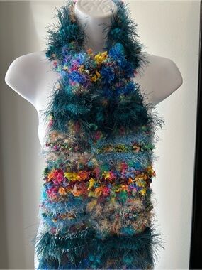 Textured Multicolor Fuzzy Knit Scarf - Teal Multicolor